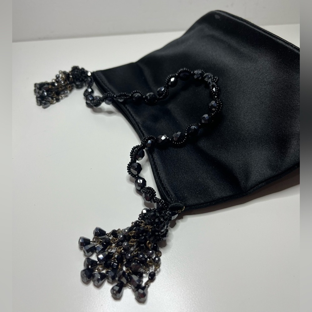 Anya Hindmarch Black Satin Beaded Mini Shoulder Bag Tassel Evening Y2K England - Picture 9 of 12